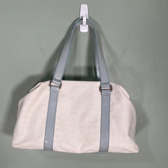 Emporio Armani Logo Canvas Satchel Shoulder Bag Off White Light Blue - Picture 1 of 10
